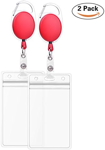 2Pack Red Retractable Badge Holders Carabiner Clip with ID Card Holders Vertical Name Badges by Cypes