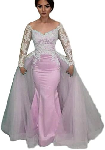 Women's Lace Mermaid Prom Dressses Detachable Long Sleeves Evening Party Gown Pink 2