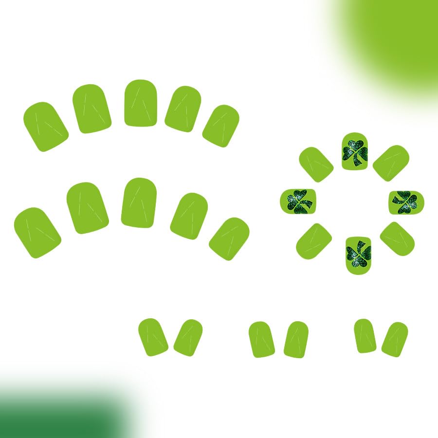 24Pcs St. Patrick's Day Press on Nails Short Square Fake Nails with 5D Green Glitter Four Leaf Clover Designs Spring Lucky Clover Glue on Nails Green Acrylic False Nails Holiday Gift for Women Girls - Image 3