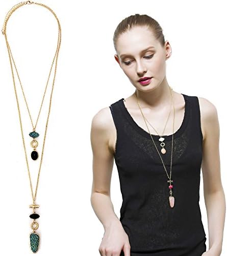 Women Geometric Pesionality Nature Stone Necklace Double crystal Necklaces Pendant Wholesale Blue