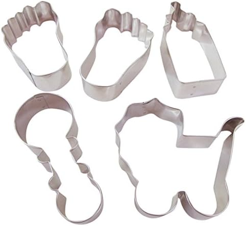TwiceBooked Baby Shower Newborn Celebration Cookie Cutter Bundle - Set of 5 Includes Left Foot, Right Foot, Rattle, Bottle and Baby Carriage 3 1/2 - 4 Inch Metal Cutters - Made in the USA