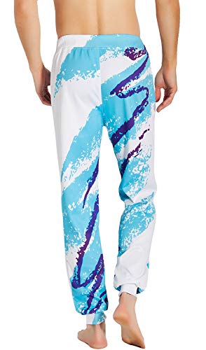 Loveternal Unisex 80's Graphic Joggers Paper Cup Sweatpants for Men Women Rock Tapered Sports Pants Teens Blue White Hip Hop Training Parachute Pants M