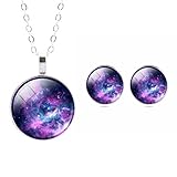 Mystical Galaxy Outer Space Crystal Time Gem Stud Earrings Glass Pendant Necklace for Women Jewelry Set