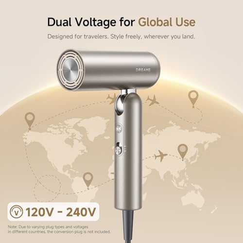 DREAME Pocket Pro Hair Dryer, Dual Voltage Travel Blow Dryer with Diffuser, 1300W Professional HighSpeed Ionic Hair Blower, Fast Drying, Low Noise, Lightweight, No Heat Damage, Global Travel 120V/240V