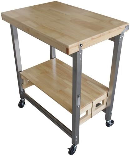 Modern Flip-and-Fold Kitchen Cart Made of Steel and Solid Hardwood in Natural Brushed Laminate Finish 30W x 20D x 36H in. (Overall), 27W x 16.5D in. (Shelf)