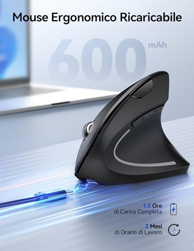 TECKNET Rechargeable Wireless Vertical Mouse, 4800 DPI Ergonomic Silent Wireless Mouse, 6 Buttons, 2.4 GHz with USB Receiver for PC, Computer, Laptop, Mac, Black