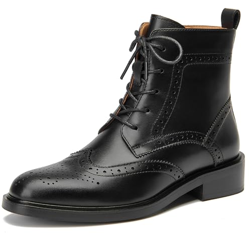 BEAU TODAY Womens Black Combat Boots, Oxfords Ankle Boots for Women, Winter Leather Dress Fall Shoes Lace Up Wingtip Brogue Short Booties US Size 7 at Amazon