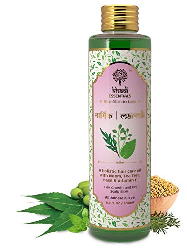 Khadi Essentials Luxurious Ayurvedic Marmik Neem, Tea Tree, Basil and Vitamin E Minerals-Free Hair Oil with Fenugreek and Green Tea Extract for Anti Dandruff, Anti Hair Fall, Dry Scalp Control, 200ml