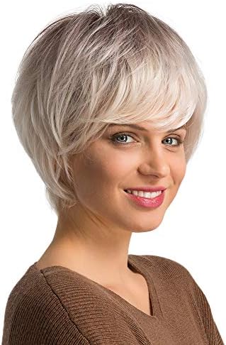 Emmor Short Human Hair Wigs for Women - Ombre Beige White Pixie Cut Wig Dark Root,Natural Daily Hair