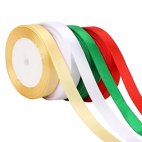 DECYOOL 4 Rolls 100 Yards Christmas Satin Ribbons 15mm Wide Holiday Craft Ribbons for Gift Wrapping and Xmas Decoration, Red & Green & Gold & White