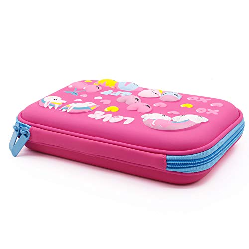 Cute Unicorn Love Embossed Hardtop Pencil Case - Girls School Supply Stationery Organizer - Large Capacity Kids Pen Box Pouch Bag with Compartment (Hot Pink)