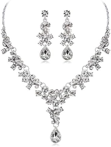 LOVFASH Women's Wedding Bridal Crystal Teardrop Cluster Statement Necklace Dangle Earrings Set