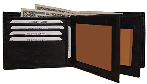 Improving Lifestyles Men's SUN 1225 BK Leather Wallet Black Bifold Fixed Flip 3 Window Id Organza Gift Bag, Black, One Size