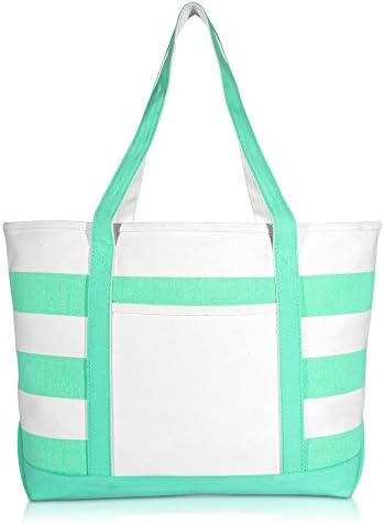 DALIX Striped Boat Bag Premium Cotton Canvas Tote White Mint Green 2 DALIX Striped Boat Bag Premium Cotton Canvas Tote White Mint Green