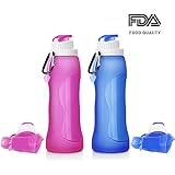Meedasy 500ml Foldable Collapsible Water Bottles, FDA Approved Silicone Hiking Water Bottle, Roll Up Cup Sets Outdoor, Hiking, Camping, Biking &amp; Traveling, BPA Free, Food Grade [2 Pack]