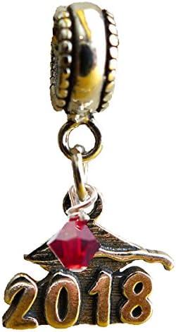 Graduation Cap 2018 July Ruby Birthstone Sterling Silver Dangle Charm Bead