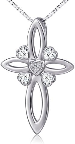 LISA S925 Sterling Silver Heart Cross Pendant Necklace (Stone Cross)