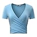 KIRA Women's Deep V Neck Long Sleeve Unique Cross Wrap Slim Fit Crop Tops (Small, Light Blue.)