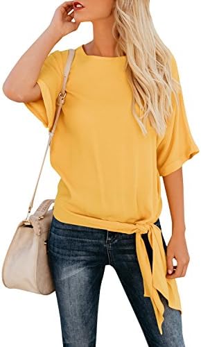 Niitawm Womens Blouse Casual Knot Tie Front Loose Fit Half Sleeve Tee Top T-Shirt Blouses