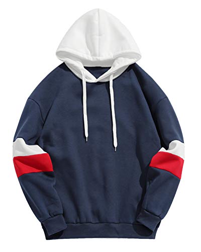 ZAFUL Mens Color Block Pullover Stripes Patch Fleece Drawstring Hoodie Sweatshirt(Navy,XL)