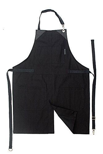 Under NY Sky No-Tie Deep Black Apron - Durable Twill with Leather Reinforcement and Split-Leg - Adjustable for Men and Women - Pro Barber, Tattoo, Barista, Bartender, Baker, Hair Stylist, Server Apron