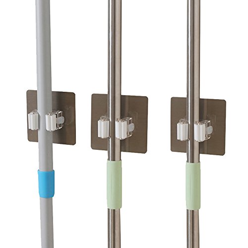 Lembeauty 3pcs Mop Rack Holder, Reusable Self-adhesive Mop room Wall Suction Hooks Organizer with Spring Clip for Bathroom Kitchen
