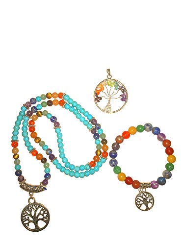KACHVI Spiritual Gifts For Women Crystals Beads Japmala And Bracelet of 6MM 108 Natural Beads of Turquoise/Firoja Quartz Crystals for Jap Healing Energy Tree of Life Pendant Free