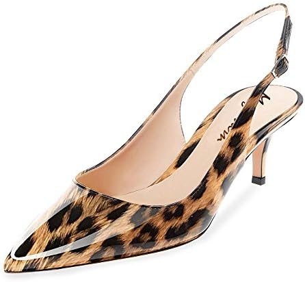 Maguidern Kitten Heel Sandals Patent Leather Pointed Toe Slingback Ankle Metal Buckle Strap Low Heel Shoes Plus Size