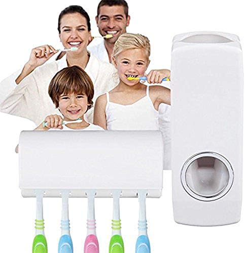 Keton Automatic Hands Free Toothpaste Dispenser with 5 Toothbrush Holder for Home Bathroom Acessories Set with Sticky Suction Pad (Brushes Not Included)