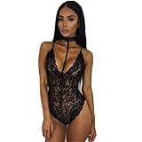OQC Women's Sexy Choker V Neck Lace Babydoll Bodysuit Lingerie Underwear Set