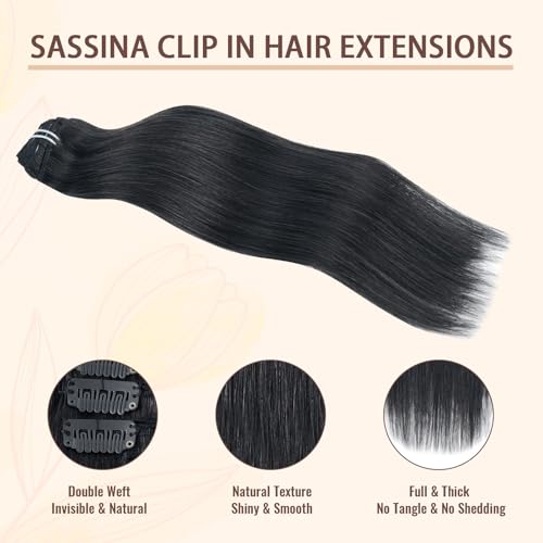 Sassina Straight Human Hair Clip ins Extensions 18 Inch Natural Clip in Remy Human Hair Extensions Jet Black Clip ins Hair Extensions Full Head 8 Pcs with 18 Clips 120 Grams #1