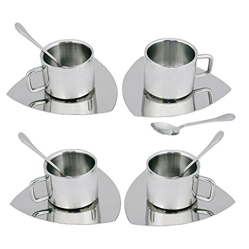 Kosma Set of 12pc Stainless Steel Double wall Coffee Cup | Espresso | Tea Cup 100ml with Triangular Saucer & Tea Spoons (4 Cups, 4 Saucer, 4 Spoons)