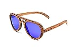 WOODWORD Polarized Handmade Wood Sunglasses in Aviator Style with Wood Case (zebra wood, mirror blue)