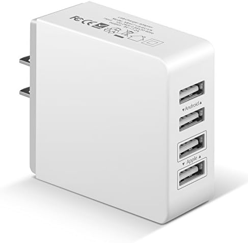 USB Wall Charger, 36 Watt (7.2 Amp) 4-Port Family-Sized USB Wall Charger. Smart USB Charger with Auto Detect Technology for iPhone 6 5s 5c 5, iPad Air mini, Galaxy S5 S4, (White)