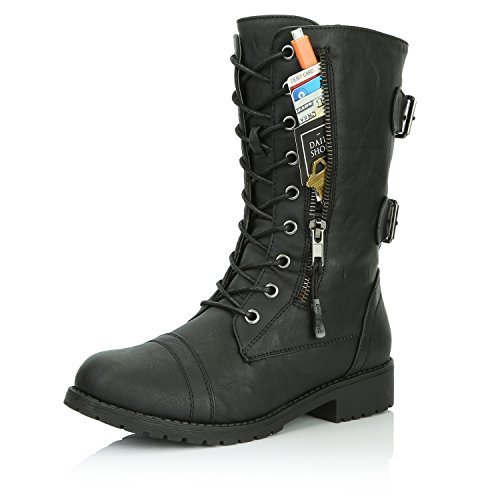 DailyShoes Women's Military Lace Up Buckle Combat Boots Mid Knee