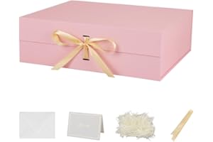 BoxSkivra Large Pink Gift Box with Ribbon 1 Pack 19x16x6 Inch Extra Large Gift Box with Lid Magnetic Closure Rectangle Collapsible Luxury Gift Box for Wedding Dress Crinkle Cut Paper Shred with Card