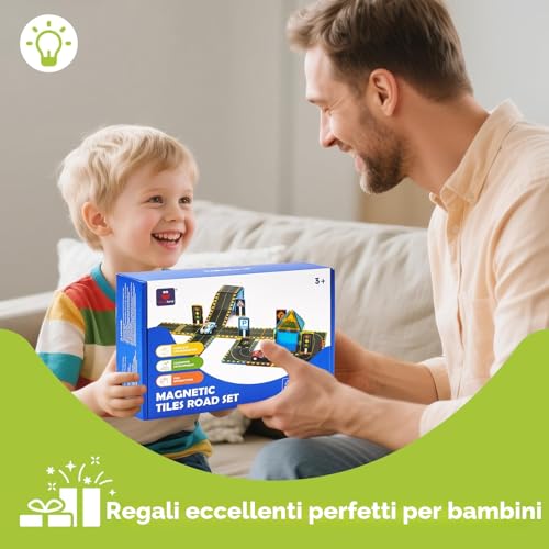 hahaland Set Costruzione Magnetiche 3-5 anni, Tessere Magnetiche Costruzione Bambino 38 pezzi, Blocchi Magnetici Strada Città con 2 Macchinine, Regalo Bimbo 3 4 5 6 anni
