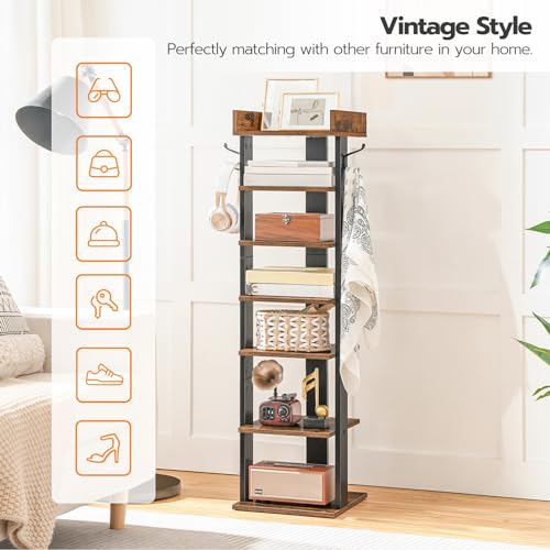HOOBRO Vertical Shoe Racks for Entryway, 7 Tier Narrow Shoe Shelf with Hooks, Tall Shoe Organizer for Hallway, Bedroom, Stackable Shoe Stand for Samll Space, Adjustable Height, Rustic Brown EBF61XJ01