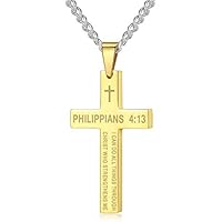 Amison Bible Verse Philippians 4:13 Cross Pendant Necklace Stainless Steel for Men Women Kids, 24" Classic Chain, 3 Colors Available (Gold)