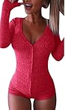Moxeay V-neck One Piece Bodysuit Long Sleeve Bodycon Rompers Overall (Small, Rose)