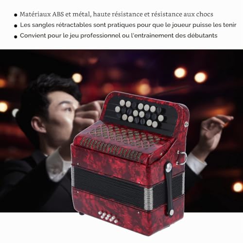 Professional Accordion 22 Keys 8 Bass, Black and White Button, Comfortable Sensitive and Adjustable Voice Changers, ABS, Wood, Metal, Reed, Celluloid, Backpack, (Red)