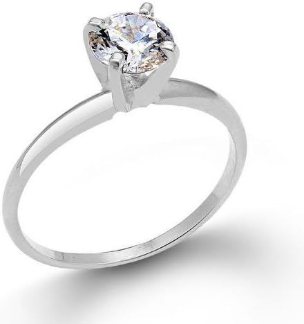 0.85 ct. Equivalent Solid 14K White Gold Classic 4 Four Prong Solitaire Engagement Ring with Cubic Zirconia Center - Size 6.5