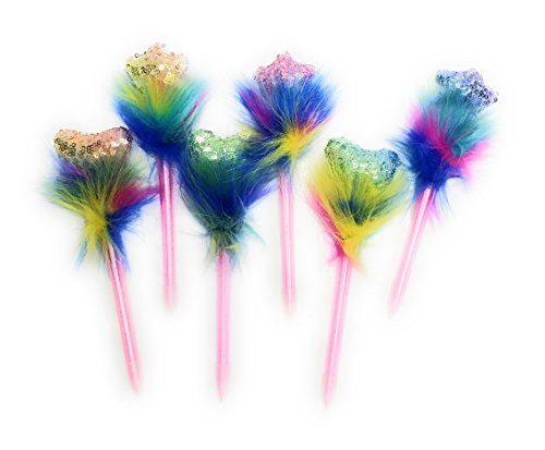 Rainbow Sequin Heart & Stars Pen, Girls Pink Fluffy Pens Party Favor Pack of 6 (Rainbow Fluffy Stars & Hearts)