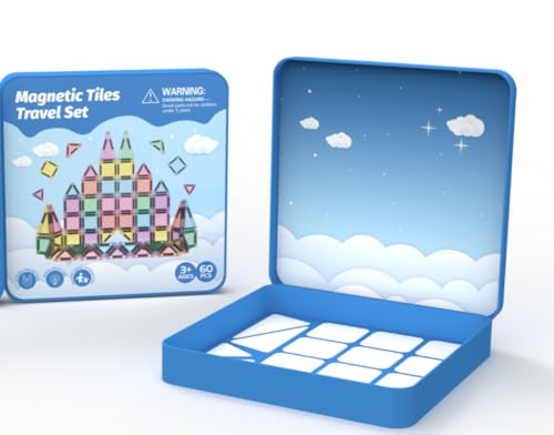 Magnetic Building Blocks Travel Toy, 60-Piece Magnetic Tiles Travel Set with Iron Box, Creativity Mini Magnetic Tiles Sensory Toy Birthday Gift for Children 3 4 5 6 Years