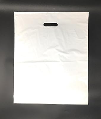 100 Pack 12" x 15" with 1.25 mil Thick White Merchandise Plastic Glossy Retail Bags | Die Cut Handles | Perfect for Shopping, Party Favors, Birthdays, Children Parties | Color White | 100% Recyclable