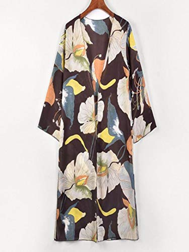 Womens Floral Long Kimono Cardigan Lotus Chiffon Coat Tops Cover Up Beach Smock Coffee - Thumbnail 2