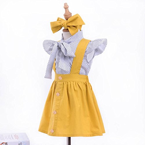 3Pcs Toddler Infant Baby Girls Cute Dot Print Tops T Shirt Strap Skirt Headbands Outfits Set (Yellow, 18-24 Months)