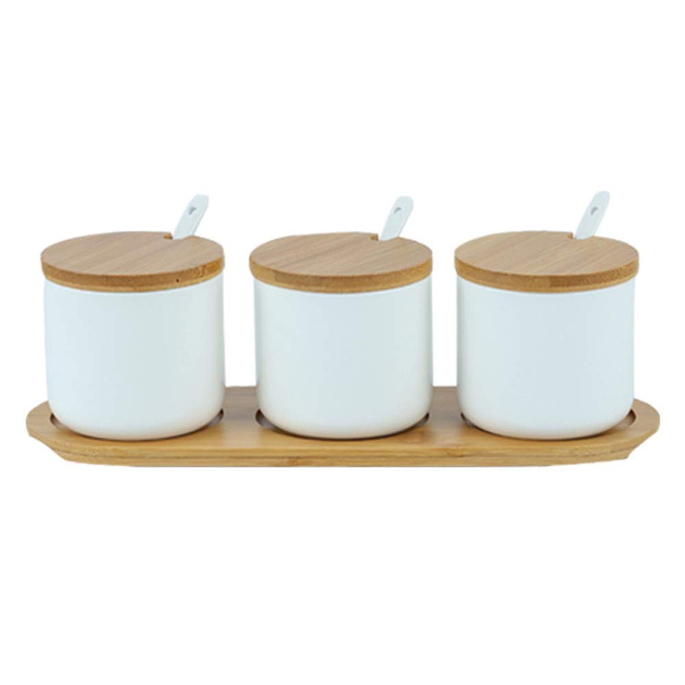 OnePine Set of 3 Sugar Bowl, 260ml Ceramic Spice Jar Salt Container with Lid and Spoon for Home and Kitchen