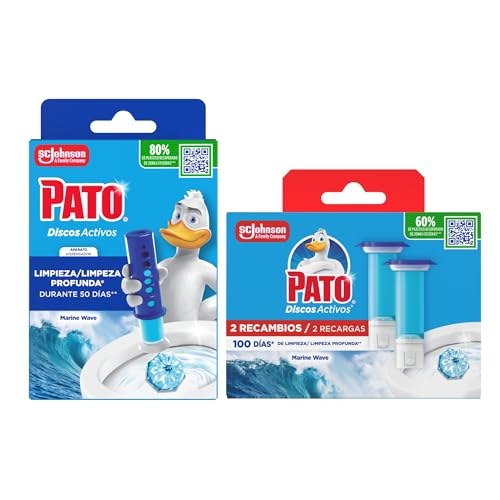 Discos Activos WC Marine, Limpia, Refresca y Perfuma el Inodoro, Eficacia 360°, Pack 1 Aparato + 3 Recambios = 18 discos