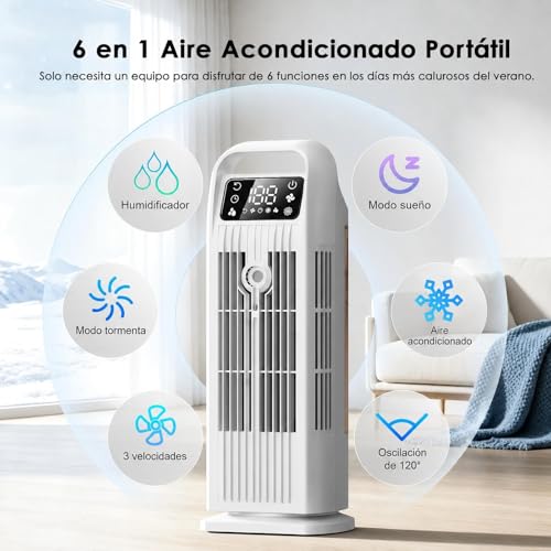 Portable Air Conditioner with Remote Control, 5 in 1 Water Fan, 1.2L Evaporative Climate Control, Storm Button 7 m/s, 120° Oscillation, 12 Hour Timer, Low Consumption (Polar White)